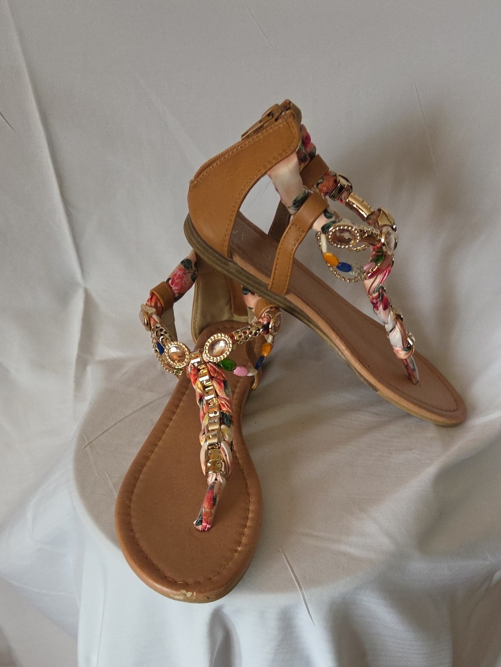 VENUS Tan Braided T-Strap Sandals with Multicolor Bead Accents